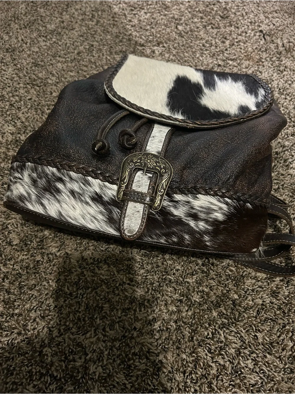 Brown Leather Backpack with Black & White Cowhide Flap